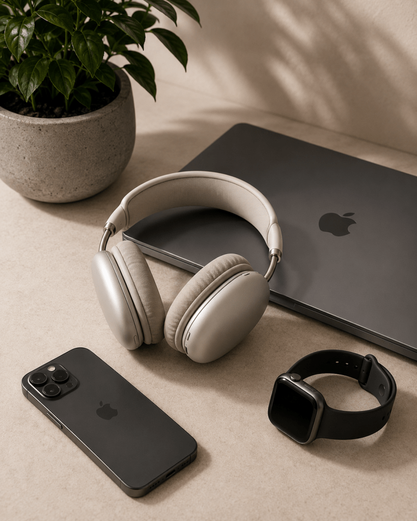 Modern tech essentials including a laptop, smartphone, headphones, and smartwatch arranged on a warm neutral surface.