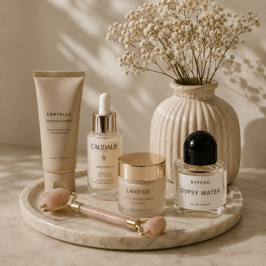 Neutral beauty and skincare products arranged on a marble tray with soft flowers and warm natural light.